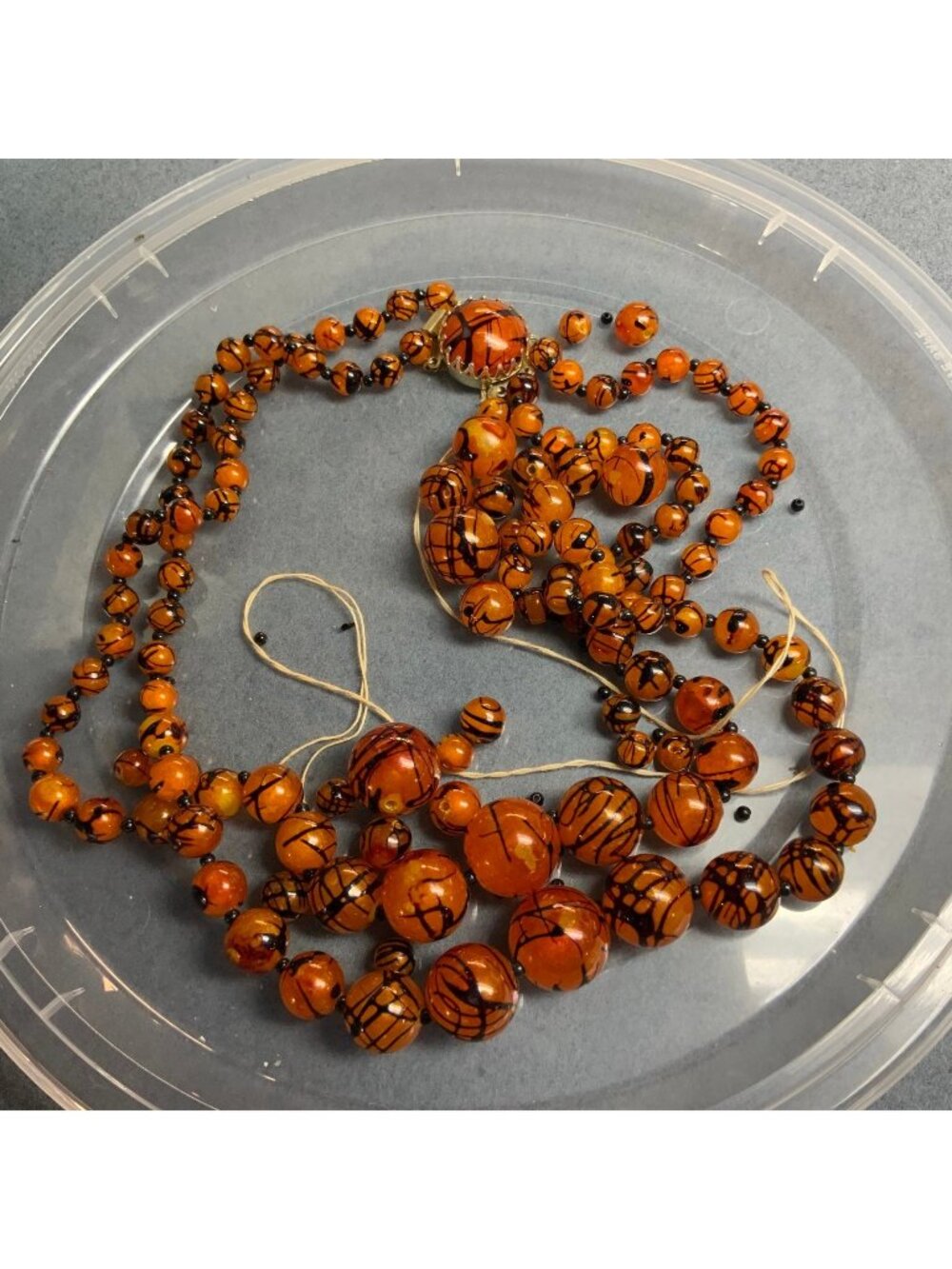 Vintage Beaded Necklace 20 In AS IS Loose Orange Black Drizzled Silver Push DIY